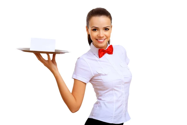 Молода офіціантка в білій блузці — стокове фото