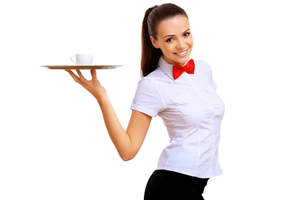 在一件白色衬衫的年轻女服务员 — 图库照片