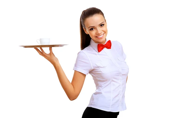 在一件白色衬衫的年轻女服务员 — 图库照片