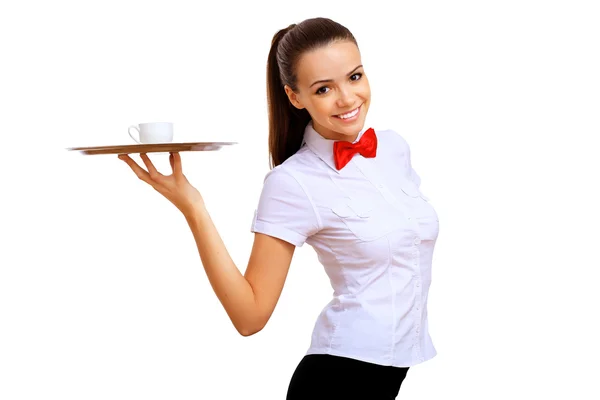 Young waitress in a white blouse — Stock Photo, Image