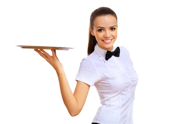 Νέοι σερβιτόρα σε μια λευκή μπλούζα — Φωτογραφία Αρχείου