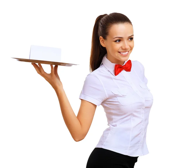 Young waitress in a white blouse — Stock Photo, Image
