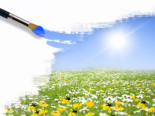 Paint brushes and landscape image — Stock Photo, Image
