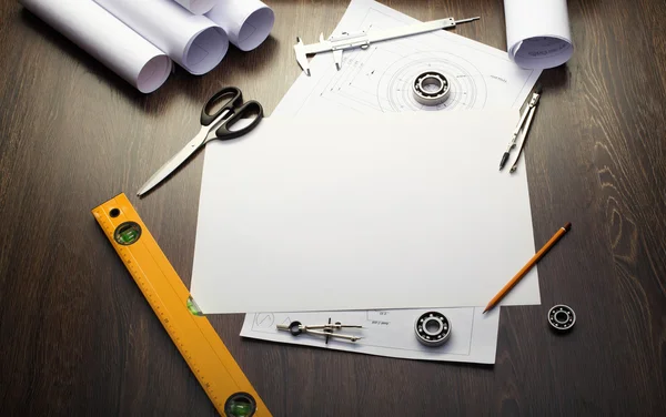 Tools and papers with sketches — Stock Photo, Image