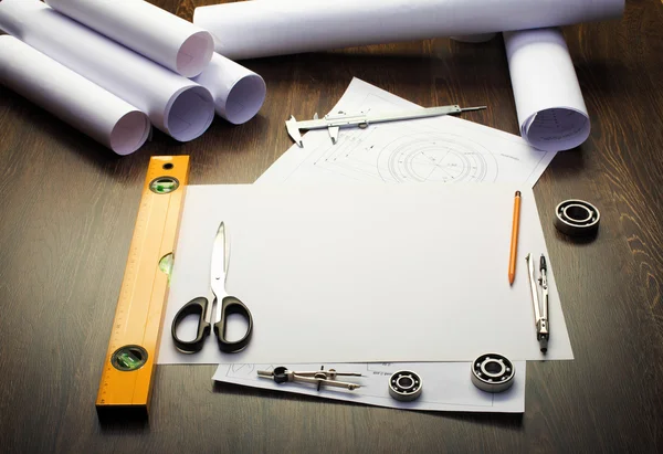 Tools and papers with sketches — Stock Photo, Image
