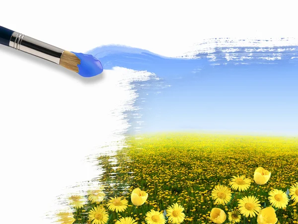Paint brushes and landscape image — Stock Photo, Image