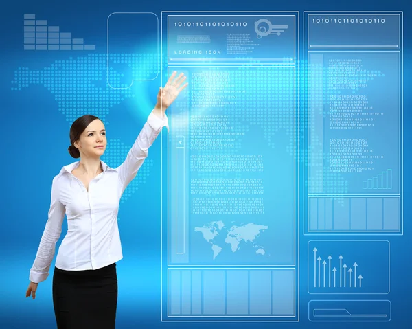Geschäftsfrau und technologiebezogener Hintergrund — Stockfoto