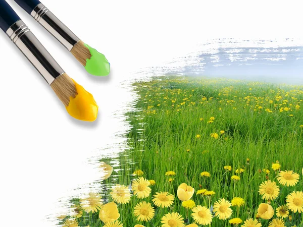 stock image Paint brushes and landscape image