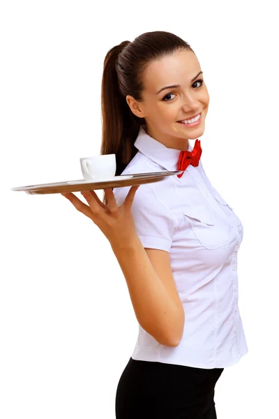 Young waitress with an empty tray — Stock Photo, Image