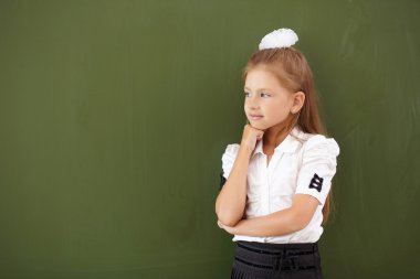 Scoolgirl standing near blackboard clipart