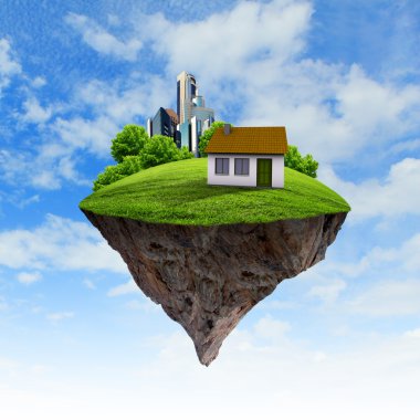 A piece of land in the air with house and tree. clipart