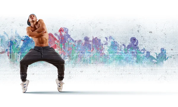 Young man dancing hip hop with color lines — Stock Photo, Image