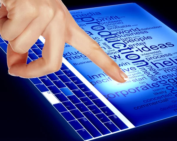 手指触摸一个蓝色的计算机屏幕 — 图库照片