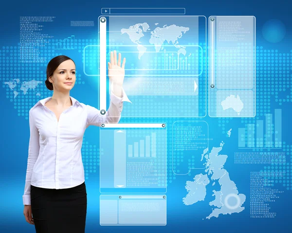 Geschäftsfrau und technologiebezogener Hintergrund — Stockfoto