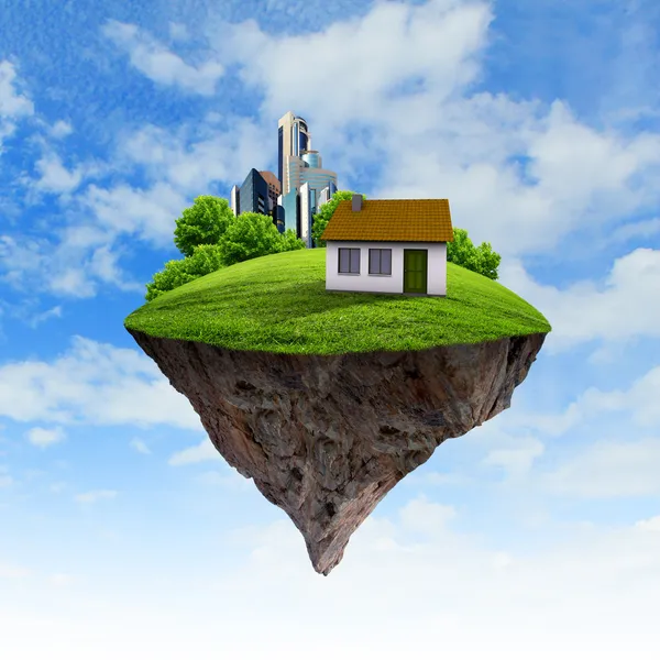 Un morceau de terre dans l'air avec maison et arbre . — Photo