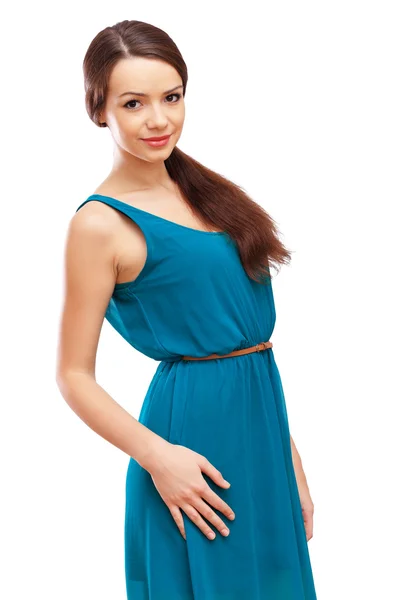 Vrouw in blauwe jurk — Stockfoto