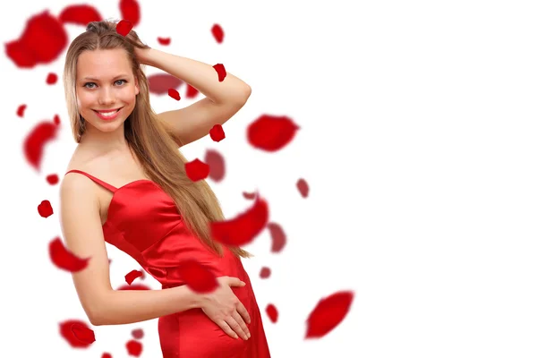 Bela jovem mulher em vestido vermelho — Fotografia de Stock