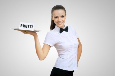 Waitress holding a tray with word profit clipart