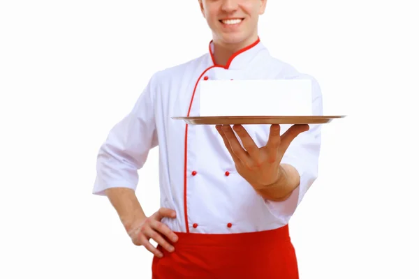 Koch hält leeres Tablett in der Hand — Stockfoto