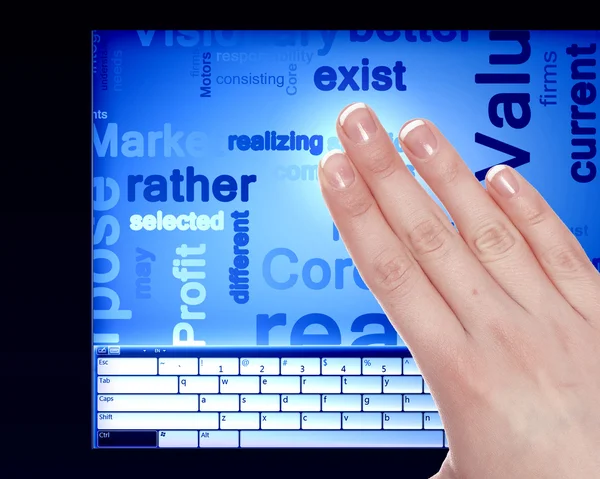 Palec dotykając ekranu komputera niebieski — Zdjęcie stockowe