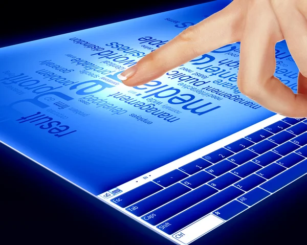 Dedo tocando una pantalla azul del ordenador —  Fotos de Stock