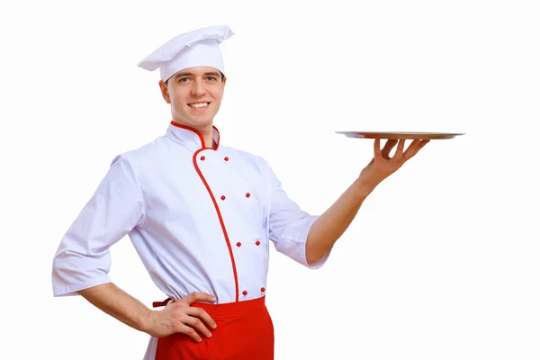 Cocinar sosteniendo una bandeja vacía —  Fotos de Stock