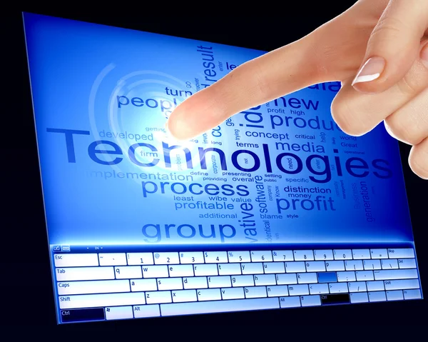 Doigt touchant un écran d'ordinateur bleu — Photo