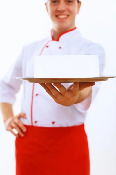 Cook holding an empty tray — Stock Photo, Image