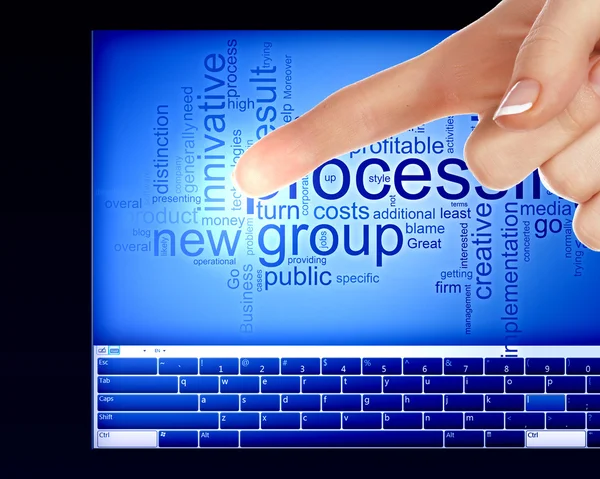 Dedo tocando uma tela azul do computador — Fotografia de Stock