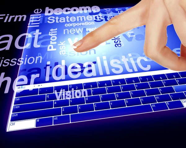 Палець торкається синього екрану комп'ютера — стокове фото
