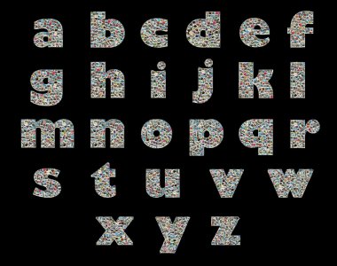 Unique English alphabet made like collage of travel photos clipart