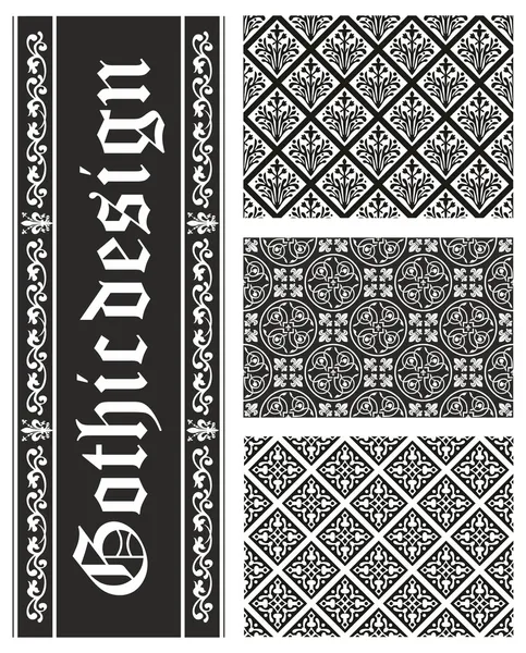 Colección de texto vectorial floral gótico blanco y negro sin costuras — Vector de stock