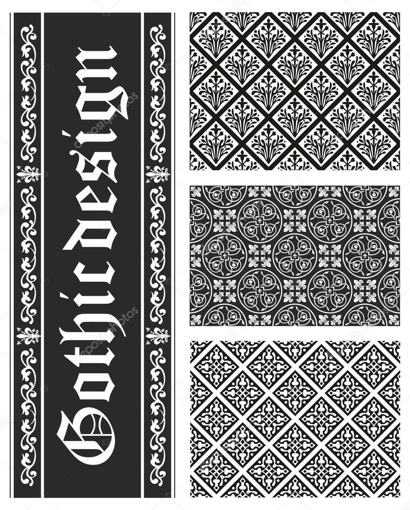 Collection of seamless black-and-white gothic floral vector text