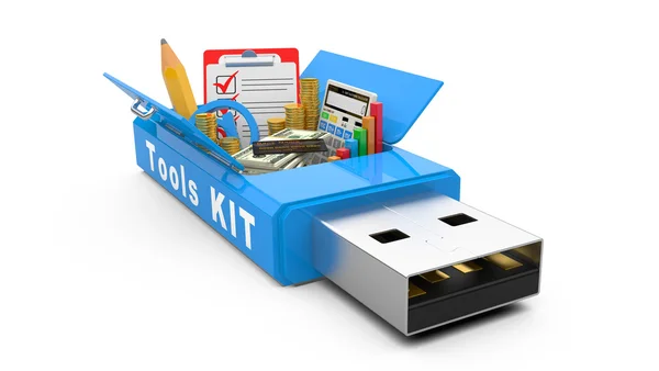 USB flash drive con herramientas office y dinero —  Fotos de Stock