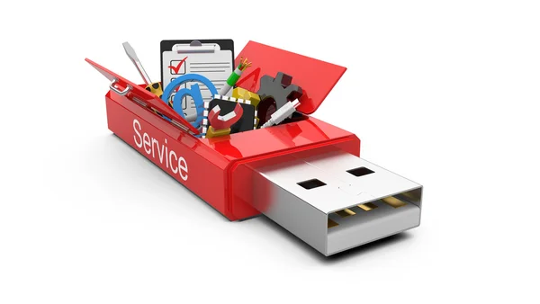 USB flash drive met office-hulpprogramma's en geld Stockfoto