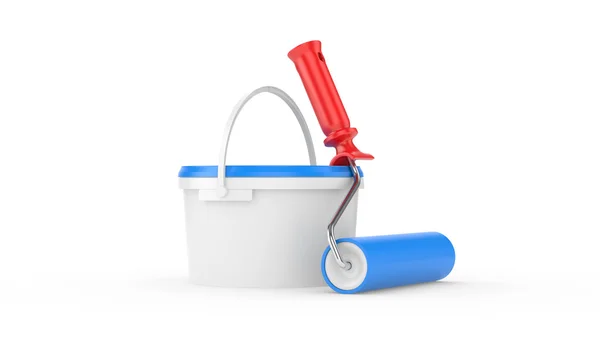 Bucket with paint and roller brush — Stock Photo, Image