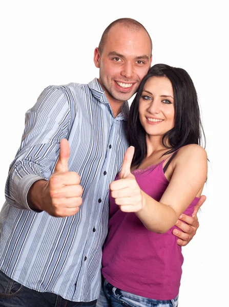 Двоє молодих посміхається з жестом великими пальцями ізольовані на білому — стокове фото