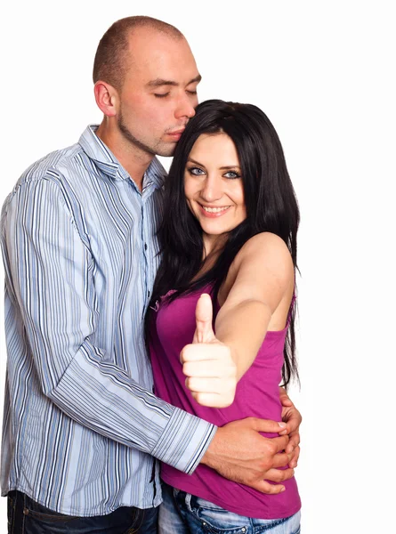 Man and woman with thumbs-up gesture isolated on white — Stock Photo, Image