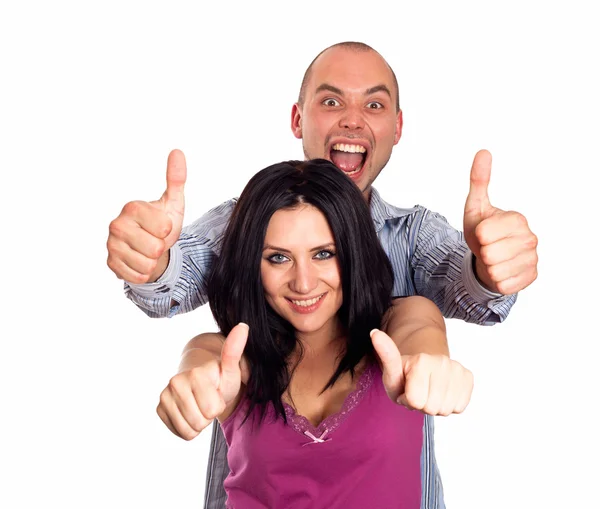 Two young smiling with thumbs-up gesture isolated on whit — Stock Photo, Image