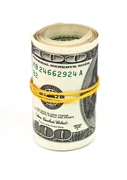 Ons dollar verpakt door lint geïsoleerd op witte achtergrond — Stockfoto