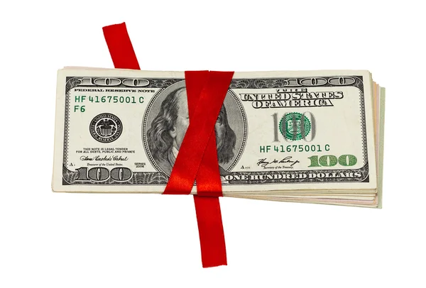 Montón de dólares atados con cinta roja — Foto de Stock