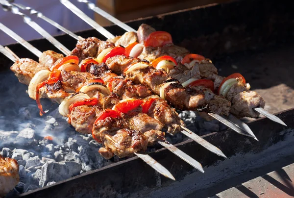 Juicy slices of meat with sauce prepare on fire (shish kebab). — Stock Photo, Image