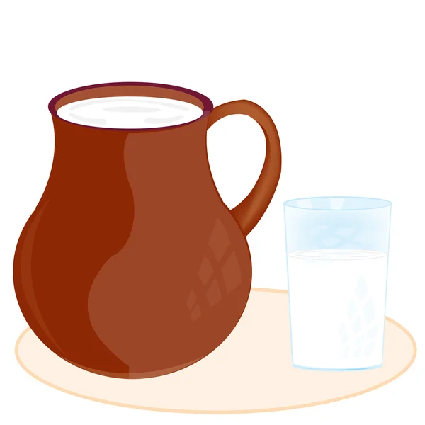 Jarro de barro e vidro com leite — Vetor de Stock