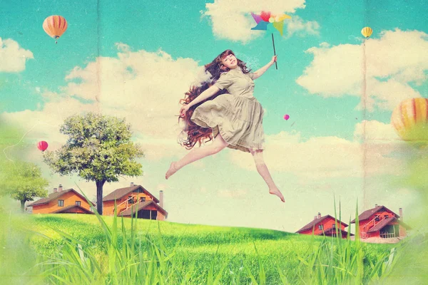 Kunst collage met mooie jonge vrouw in stap-springen — Stockfoto