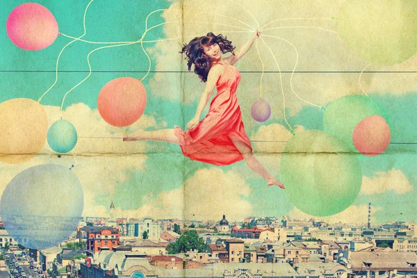 Искусство коллаж с красивой молодой женщиной в прыжке — стоковое фото