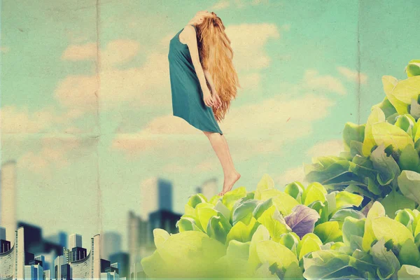 Коллаж с прыгающей женщиной — стоковое фото