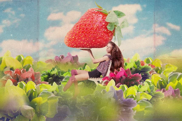 Konst kollage med vacker kvinna med jordgubbar — Stockfoto