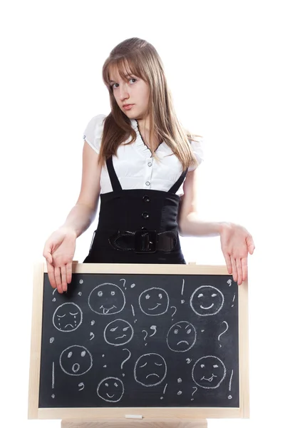 Lány megmutatja egy táblára, boldog és szomorú arcok a corkboard — Stock Fotó
