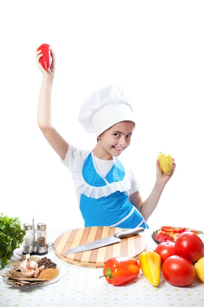 Little chef cook dancing with Bell Pepper — Stock Photo, Image