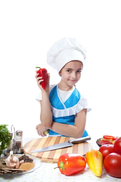 Pequeno cozinheiro chef feliz com Bell Pepper — Fotografia de Stock